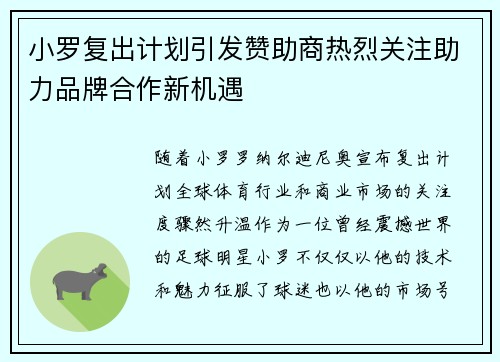 小罗复出计划引发赞助商热烈关注助力品牌合作新机遇